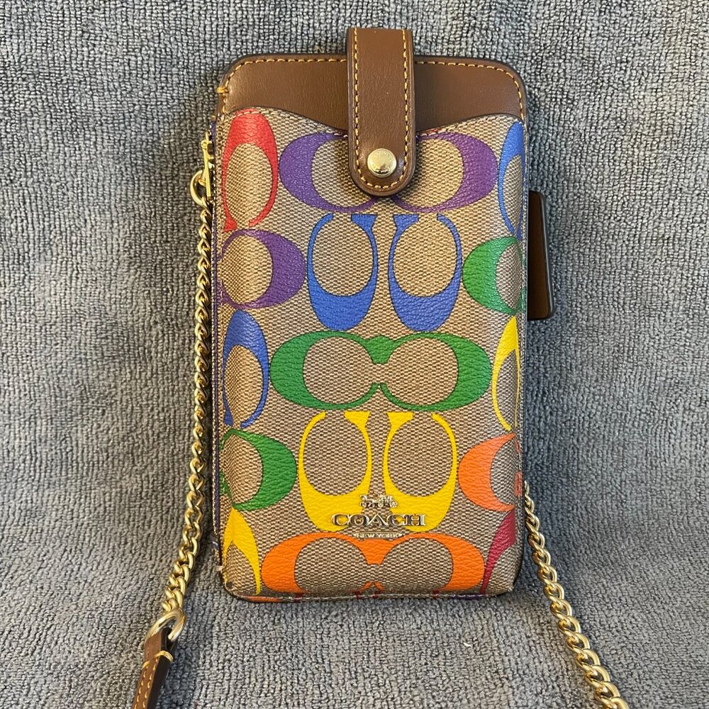 Coach Phone Crossbody In Rainbow Signature Canvas and Gold Accents C9943